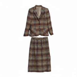 Vintage Country Suburbans Plaid Wool Blend Blazer And Skirt Set Brown Size S